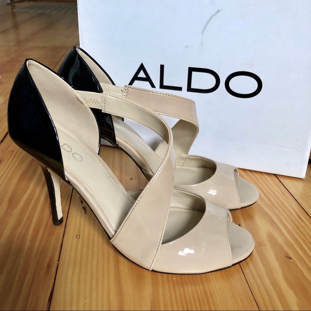 Aldo Tan/Black Strappy Cecile Heels, NWT, 8